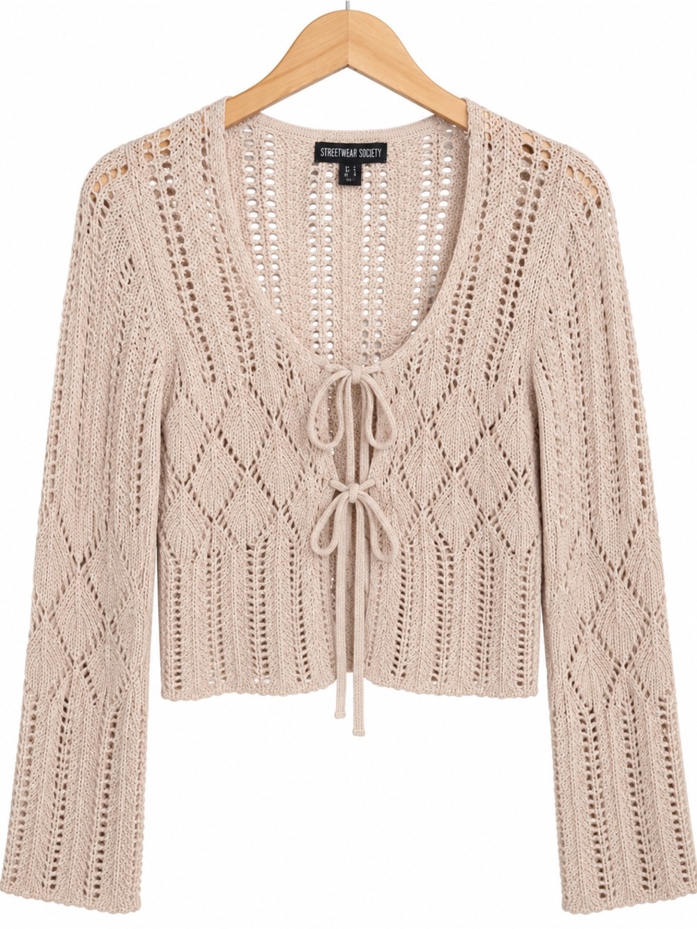 Streetwear Society Women's Tie-Front Openwork Knit Cardigan in Beige